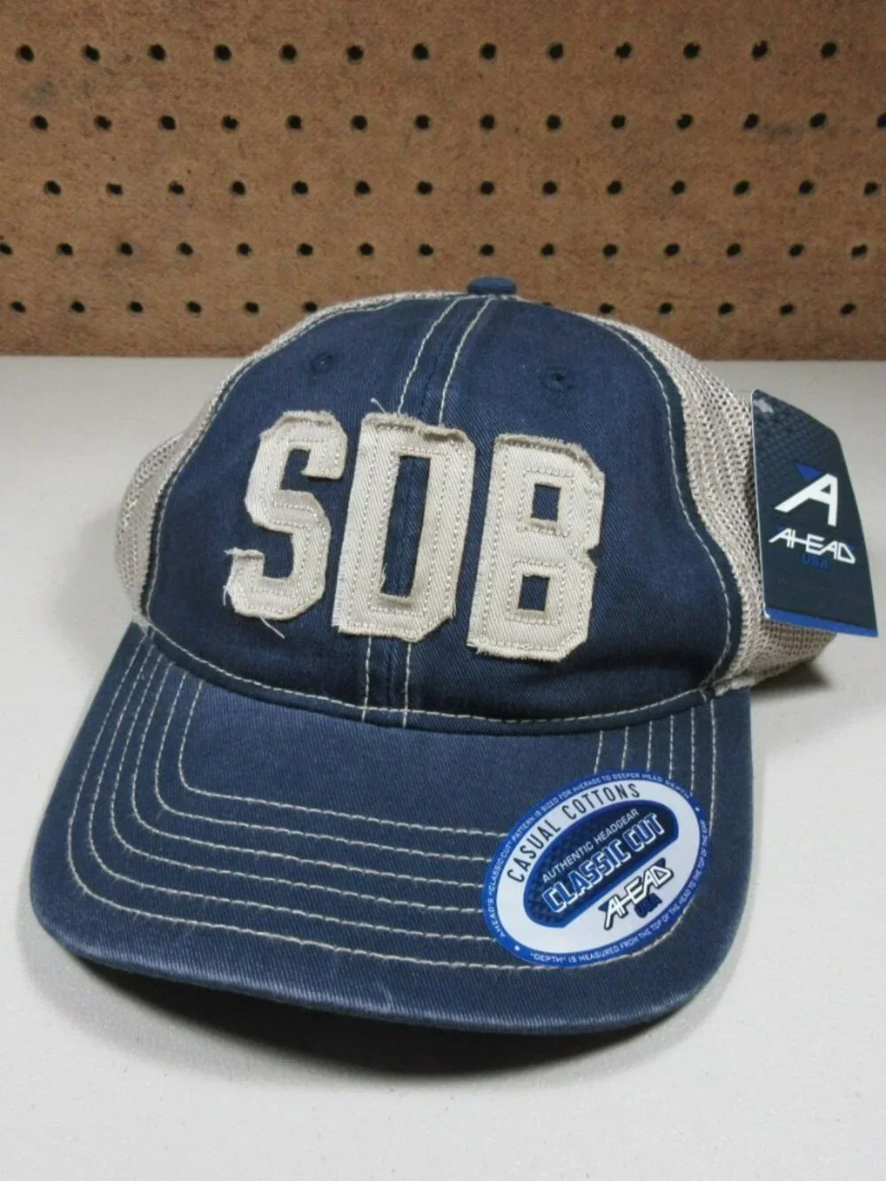 Ahead mens navy an tan distressed Soggy Dollar Bar SDB snapback hat OS NWT